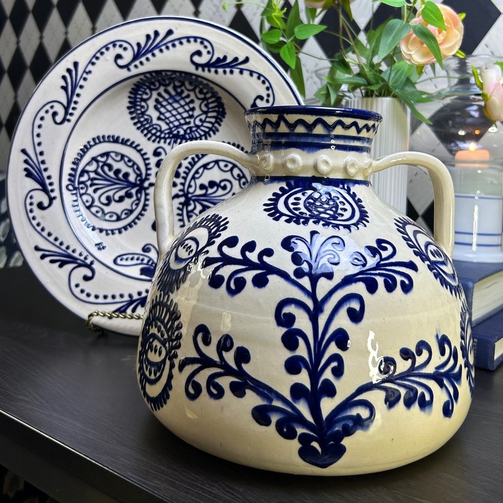 Handmade Hungarian Pottery Blue White Folk Art Serving Collector Farmhouse Set